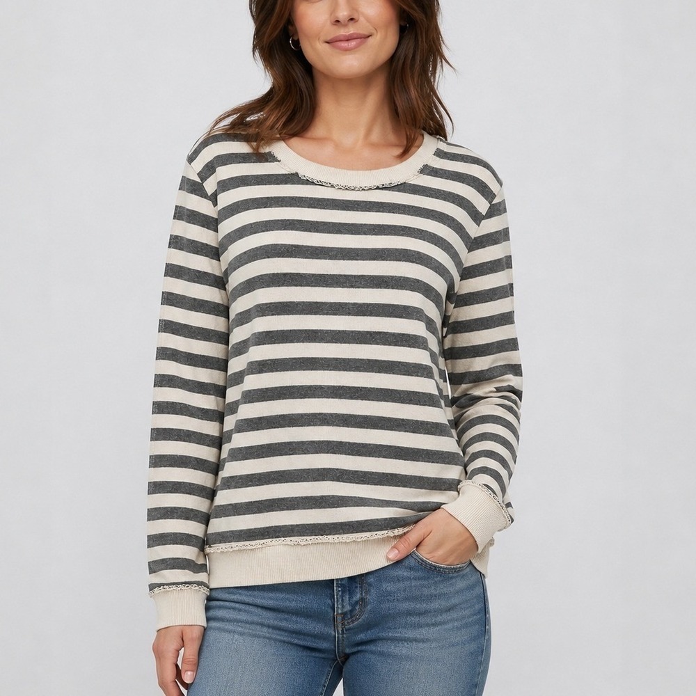 Chaser Striped Sweatshirt Cream Gray Distressed L Indie Streetwear Casual